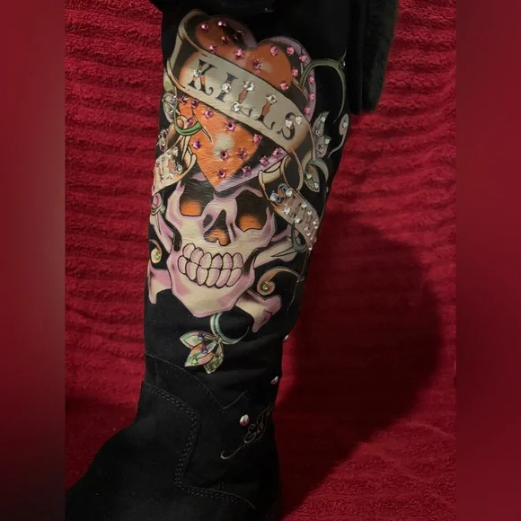Ed Hardy Skull & “Kills” Heart Faux Fur Suede Tall Boots | Women’s US 6 - Picture 7 of 10